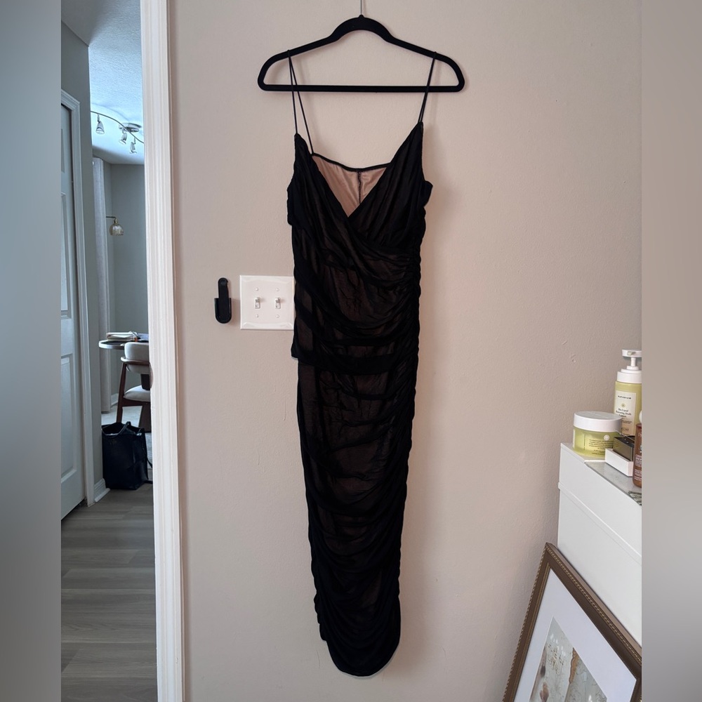 SHEIN Black Ruched Slip Midi Dress with Sheer Overlay